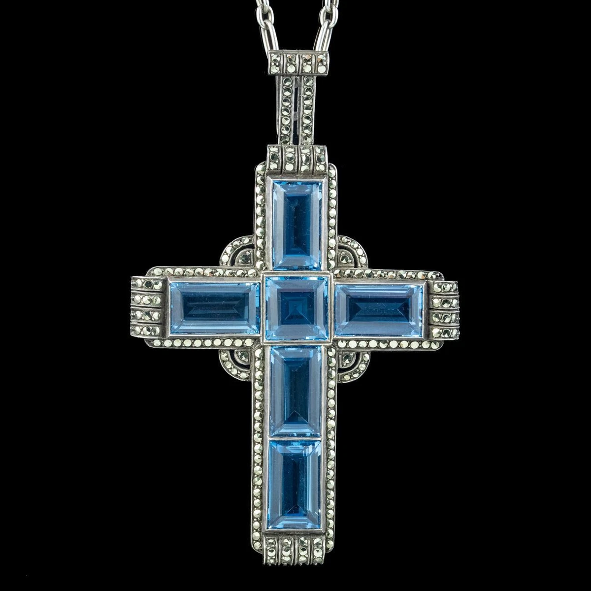 ANTIQUE ART DECO BLUE SPINEL MARCASITE CROSS PENDANT NECKLACE BY