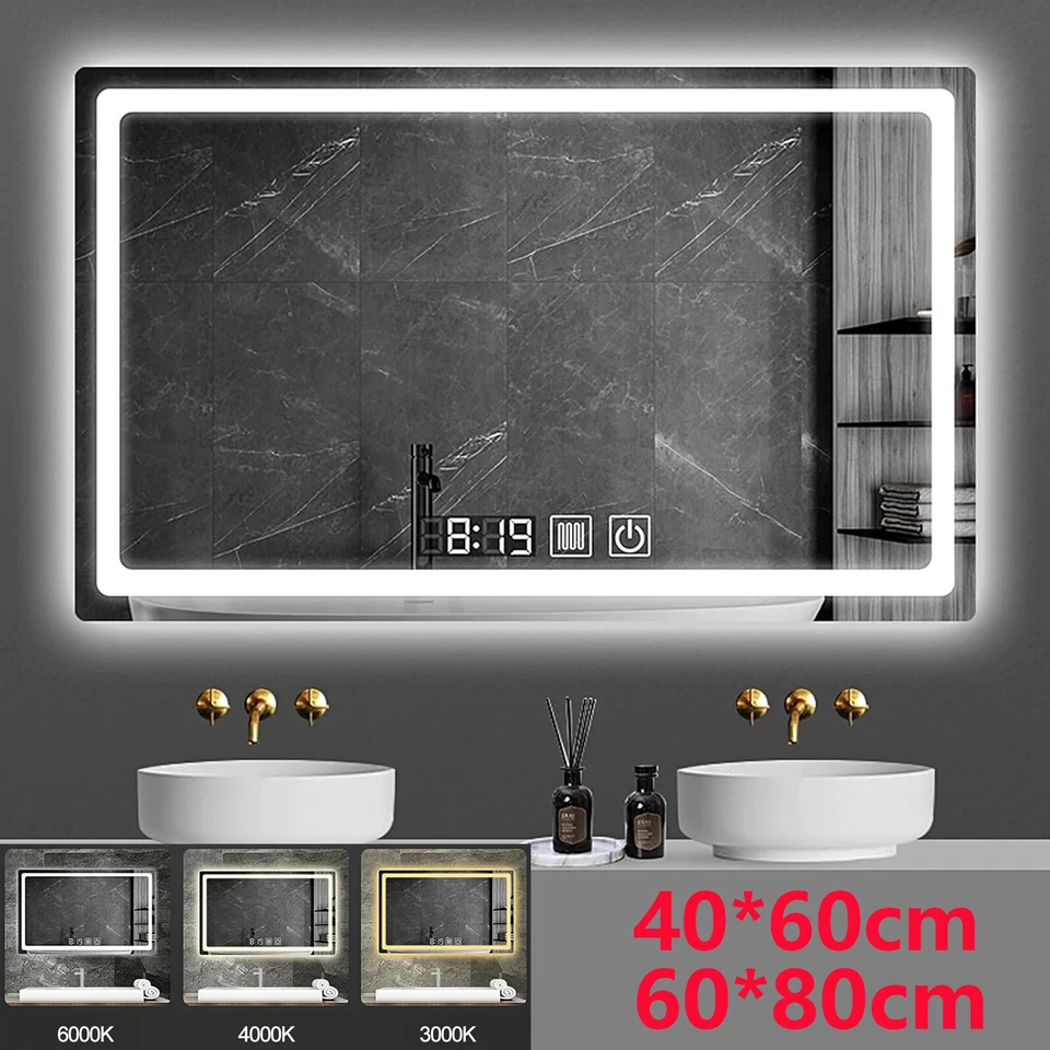 60/80cm LED Badspiegel mit Uhr Touch Beschlagfrei Beleuchtung Bad Wandspiegel - Bild 2 von 4