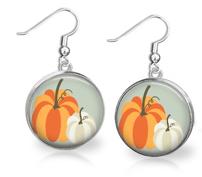 Fall Pumpkins Dangle Earrings Glass Dome Top 2 Sizes Handmade Seasonal Gift