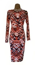 BNWOT KAREN MILLEN Body Con Mesh Panel Dress Orange Navy White Sz UK 8 RRP £165