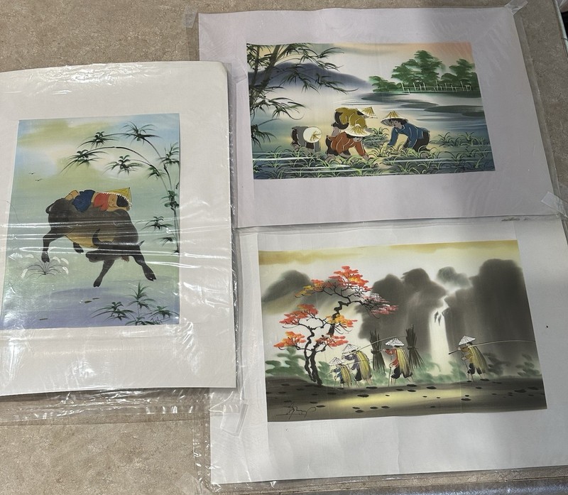Vintage Asian Silk Paintings Set of 3 Hand Painted Signed Rural Village Scenes