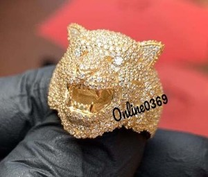 Authentic 3.35ct Round Moissanite Men's 3D Tiger Head Ring Gold Plated Silver Free Stud