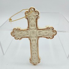 Vintage Ivory Porcelain Cross Ornament Gold Trim Religious Wall or Tree Decor 4