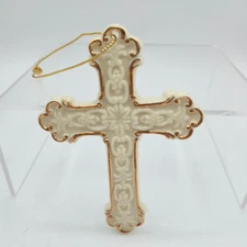 Vintage Ivory Porcelain Cross Ornament Gold Trim Religious Wall or Tree Decor 4