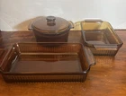 (3) ANCHOR HOCKING Fire-King Amber Brown Glass Ribbed Casseroles Dishes