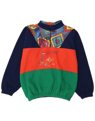 Vintage Herren Grafik Reißverschluss Ausschnitt Fleece Pullover Large Marineblau Colourblock EC10