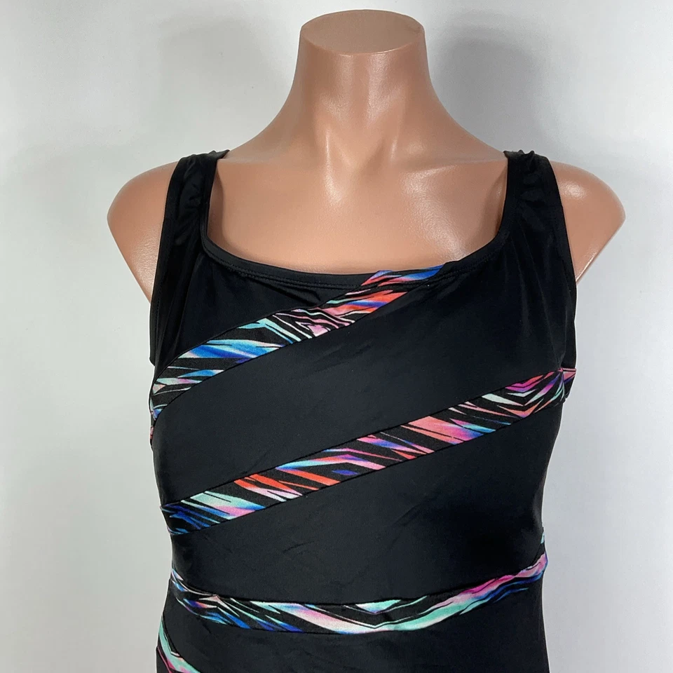 Vintage 90s One Piece Bathing SwimSuit Longitude Black Colorful Striped Size 16 - Image 3 of 4