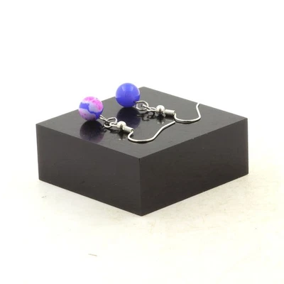Boucles D'oreilles 1 Perle Agate veines de Dragon fuchsia et bleu 8 mm Fabriqué - Photo 1/2