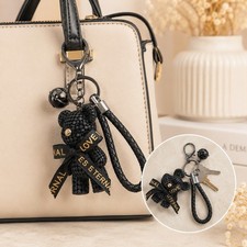 Black Teddy Bear Keychain Braided Leather Strap Bag Charm Love Is Eternal Bow