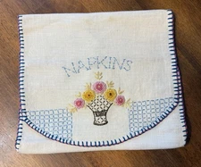 Vintage Embroidered Linen Napkin Storage Bag Envelope Holder Handmade Floral