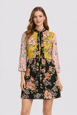 Zara Patchwork Floral Mini Dress Womens Small 3/4 Sleeve Tie Neck