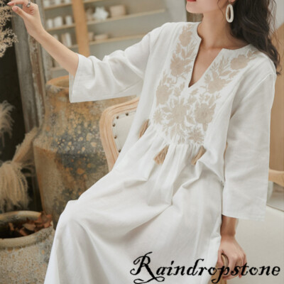 Women Vintage Ethnic Mexican Embroidered Cotton Linen Long Boho Loose Dress  New | eBay