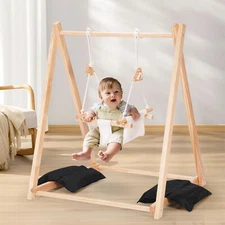 Baby Swing Set with Foldable Wooden Frame Stand Indoor/Outdoor Swing Kids Swing