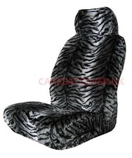 Pair of Furry Grey Tiger Print Car Seat Covers - Fits Most Cars