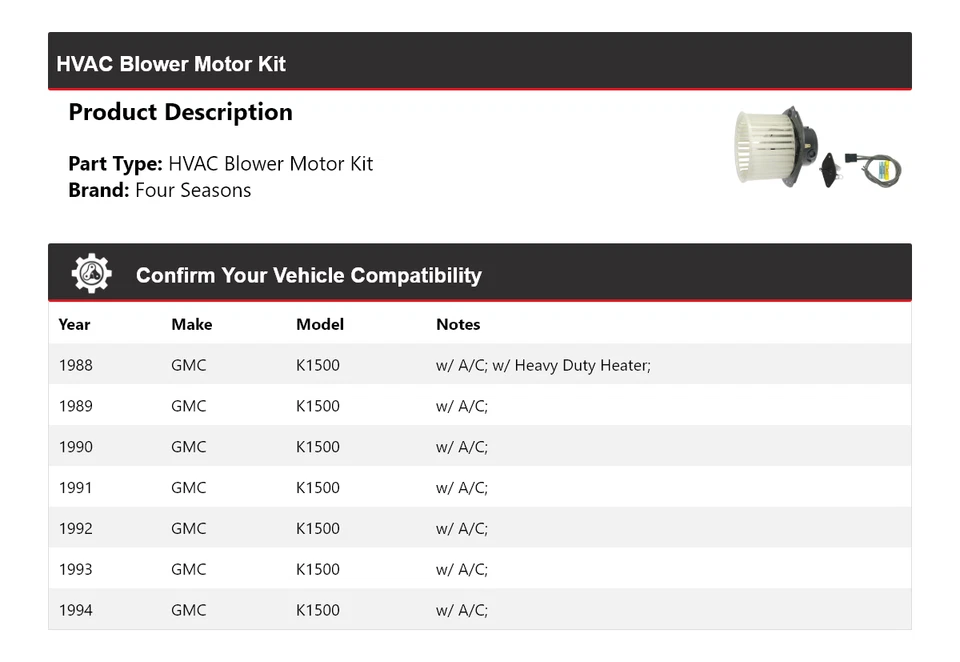 Kit de motor soplador de climatización GMC K1500 1988-1994 4 estaciones 1989 1990 1991 1992 1993 Foto 2 de 3