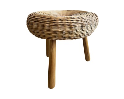 1950s Mid Century Modern 3 Legged Wicker Stool Attributed to Tony