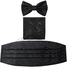 New Paisley Black Men's Cummerbund And Bow tie & Pocket Square Hanky Set