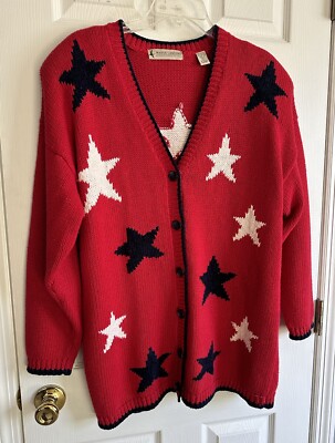 Vtg MARSH LANDING Sweater Cardigan Women's USA Red White