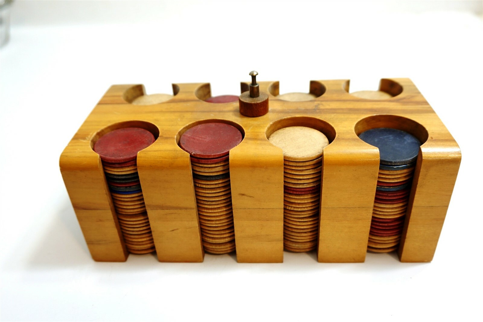 Antique / Vintage wooden Poker chips inside a Burl Walnut (??) wood