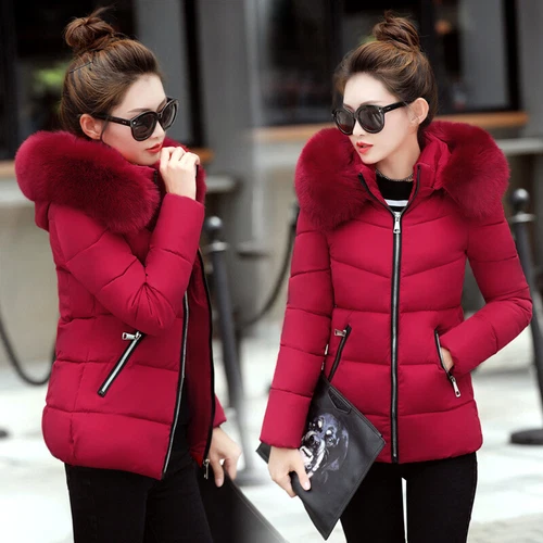 Nuevo Invierno Mujeres Plumón Algodón Cálido Chaqueta Delgada Corto Cuello de Piel Abrigo con Capucha Parka - Imagen 3 de 16