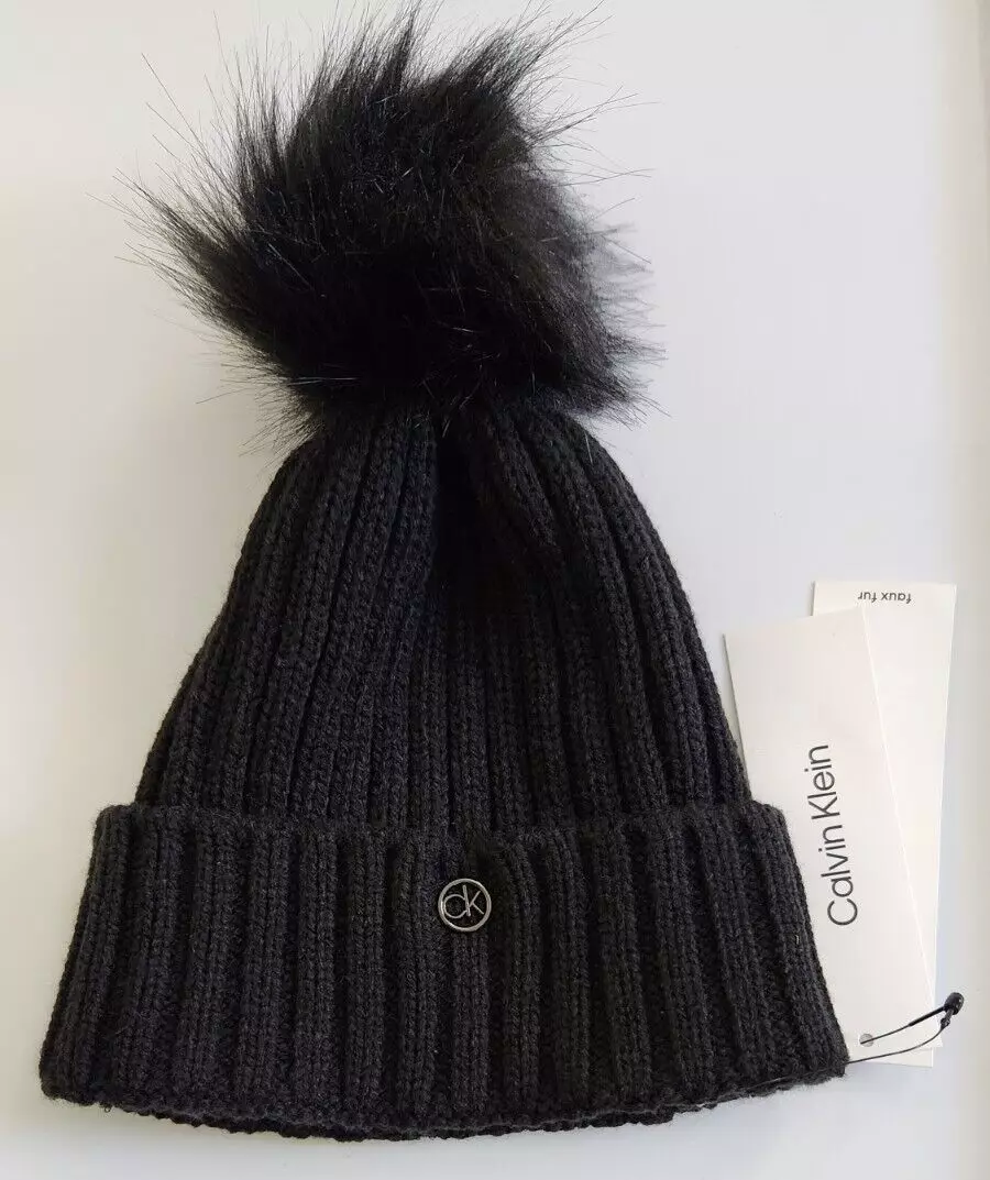 Calvin Klein CK Ribbed Faux-Fur with Black Cuffed- NWT Logo Pom Beanie Knit