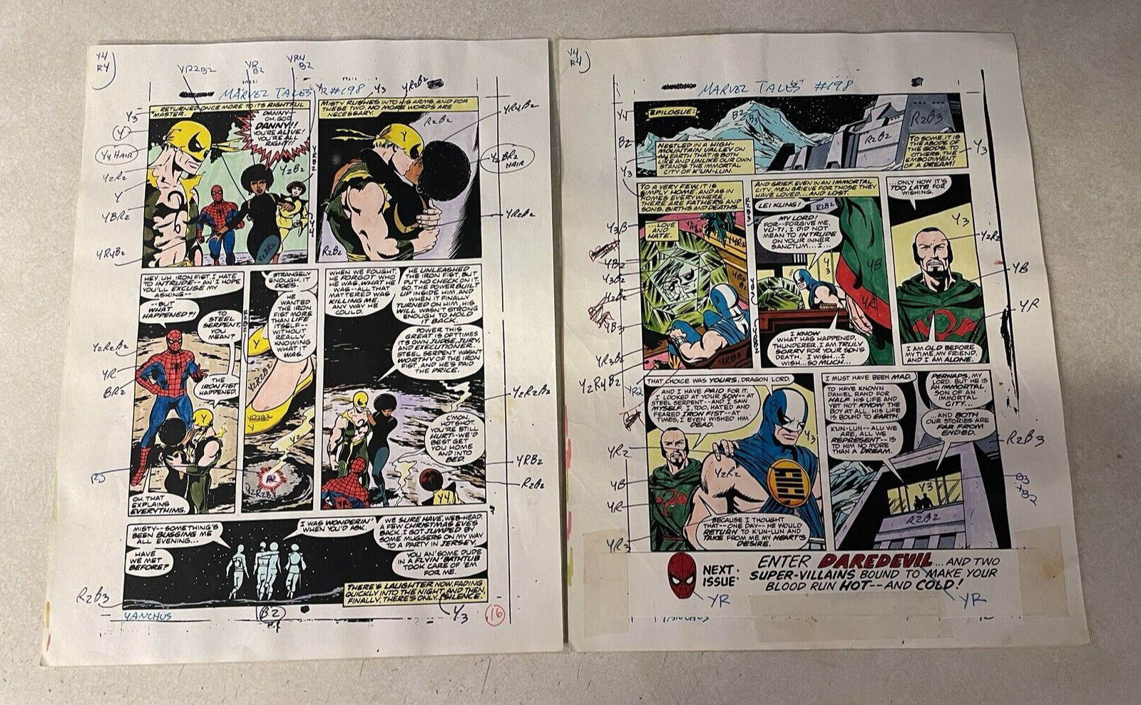 Spider-Man Marvel Tales #198 cómic arte guías de color 2 páginas Puño de Hierro Besos Brumosos