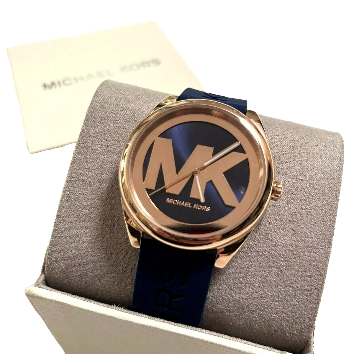 MICHAEL KORS NAVY BLUE JANELLE SILICONE BAND,ROSE GOLD MK 