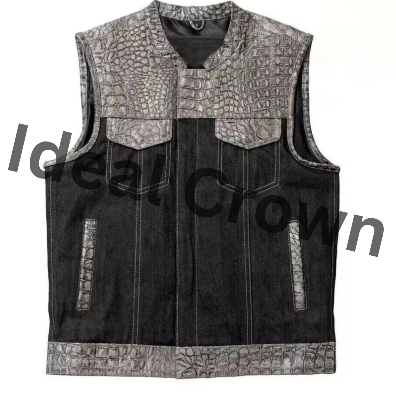 Black Gray Crocodile Embossed Leather Denim Vest Men Biker Waistcoat Style