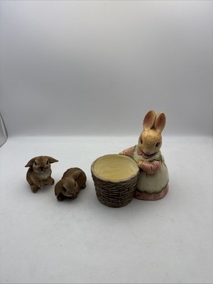 JCPenney Ceramic Easter Bunny with Basket 7'' & 2 Rabbit Figurine