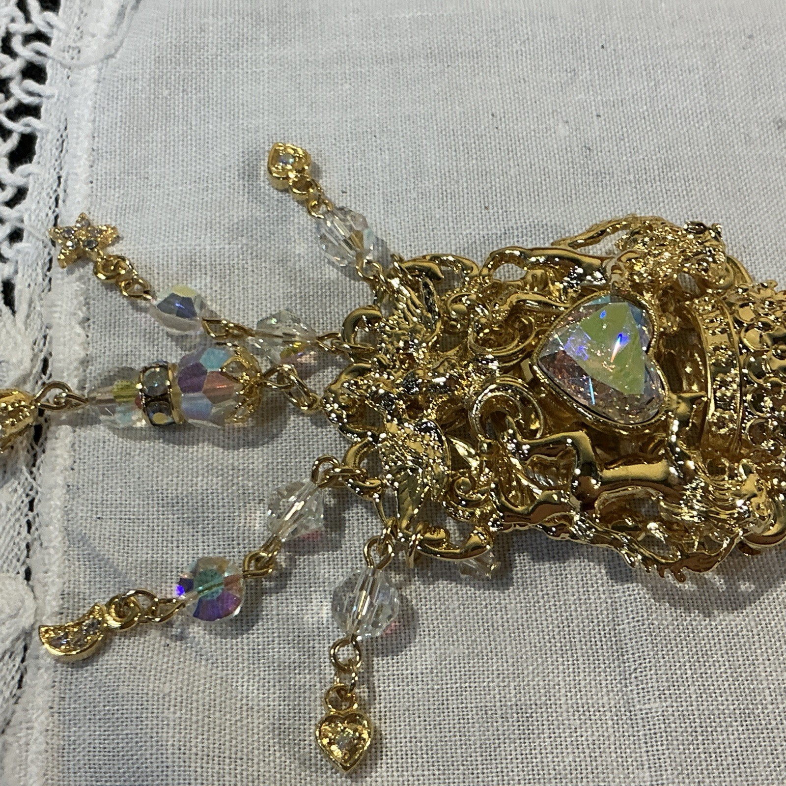 Kirks Folly QVC Medieval Gold Tone AB Crystal Heart Dangle Pin Brooch Necklace