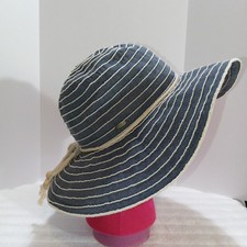 Scala Wide Brim Hat With Natural Rope Bow/Trim. Blue/White Stripes.
