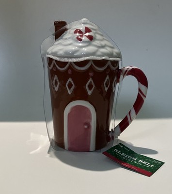 Sleigh Bell Bistro Ceramic Gingerbread House Coffee Mug with Lid New 18 oz Xmas
