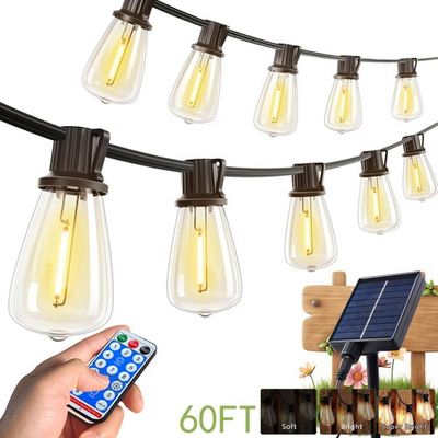 #ad 60FT Solar String Lights Outdoor Waterproof Patio w Remote Control 16 ST38 Bulbs $31.99