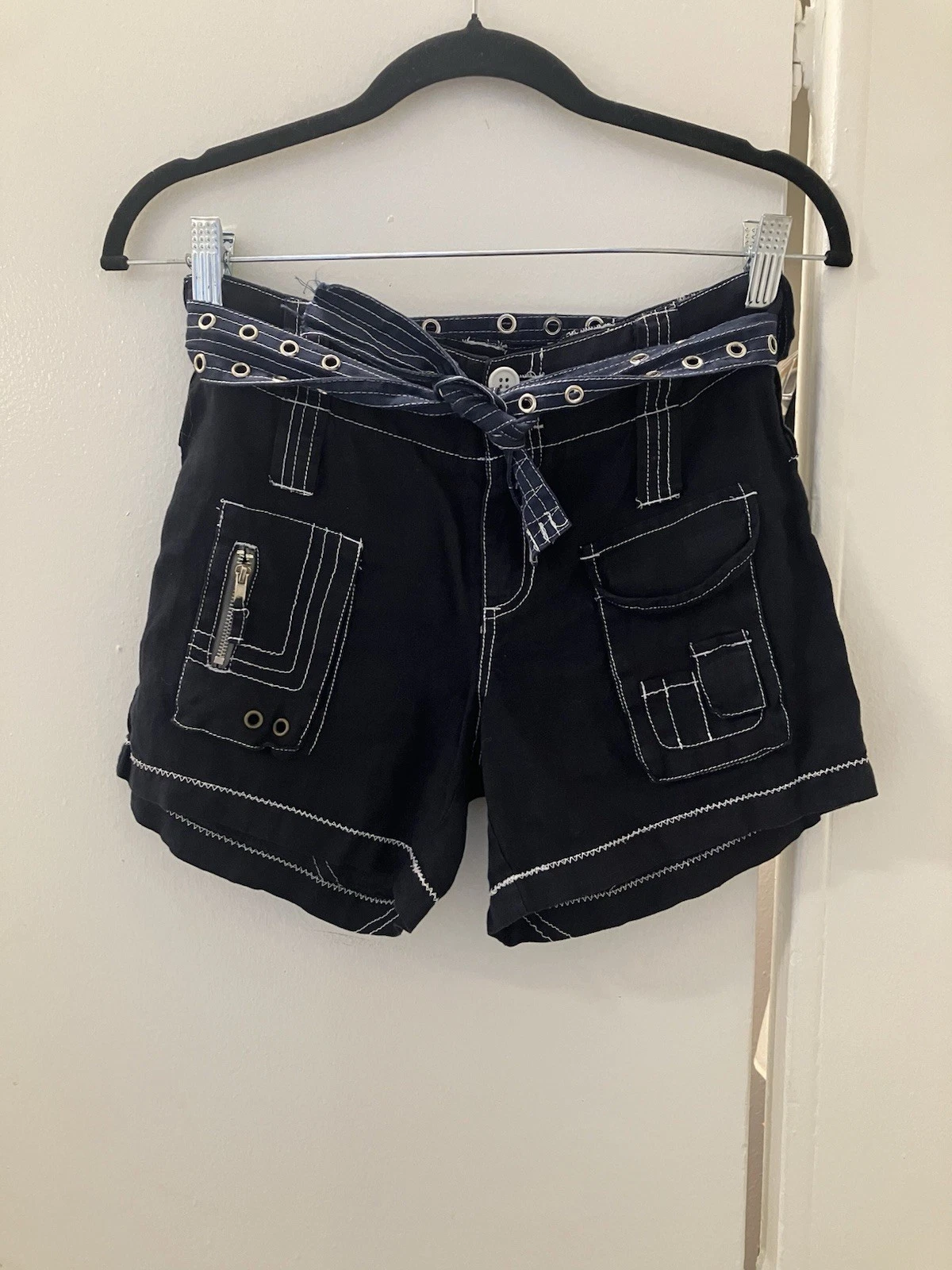 Pete & Greta By Johnny Was Black Linen Y2K Cargo Shorts Sz 0