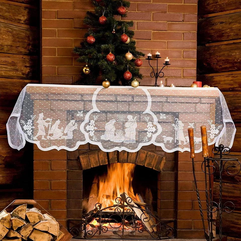 50x228 White Vintage Christmas Lace Tablecloth Fireplace Mantel Scarf Xmas Decor - Image 2 of 4
