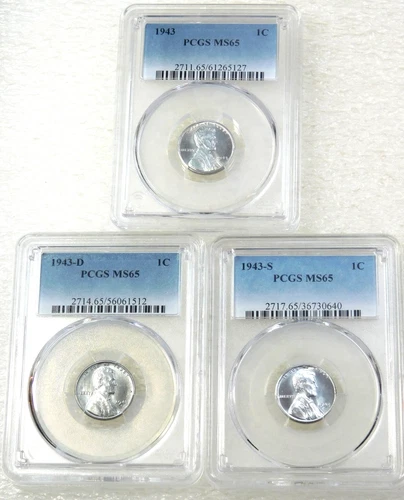 1943 P, D, S Lincoln Wartime Steel Cent PCGS MS65 Frosty set of 3 coins #M335