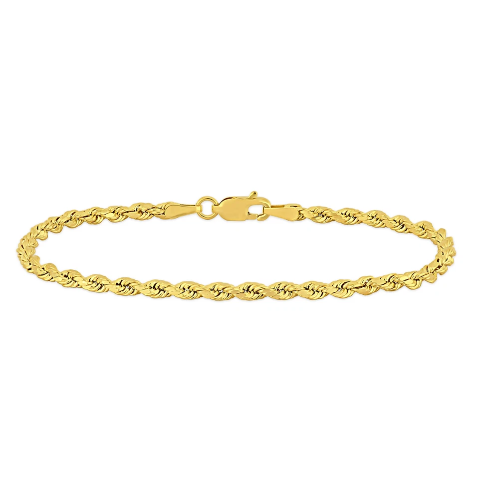 Brazalete de cadena de cuerda Amour de oro amarillo de 14 k de 7,25 pulgadas y 3 mm