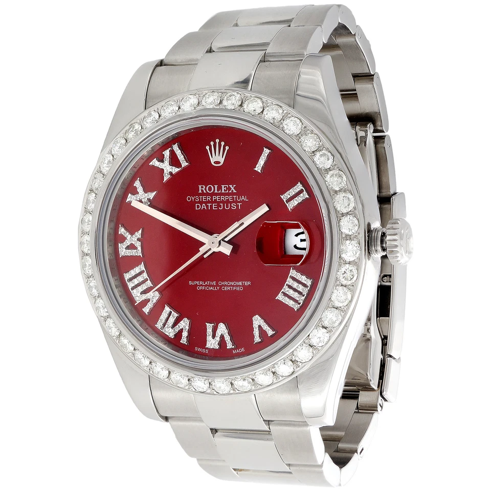 男式 DateJust II 劳力士 116300 钻石手表 41 毫米红色罗马数字表盘 3 CT。