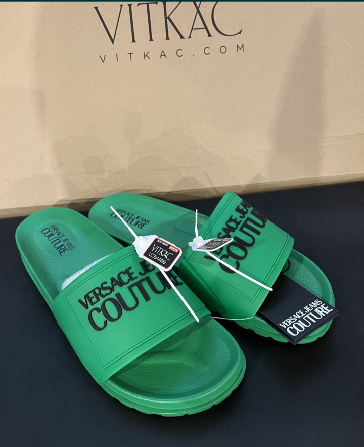 Green Versace jeans couture flip flops