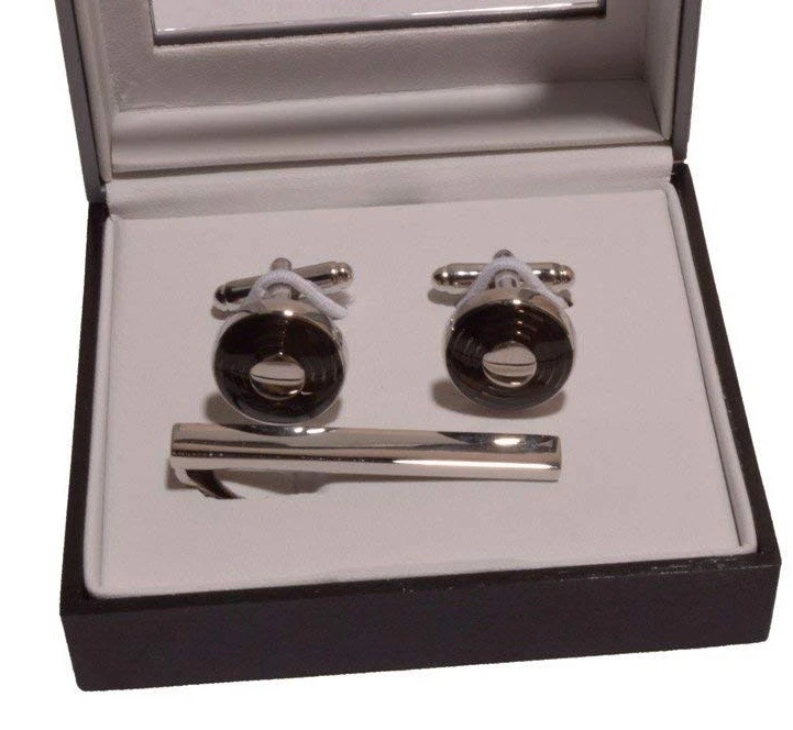 Gemelos Geoffrey Beene barra de corbata en caja círculo de rodio en forma de T plateado negro Foto 3 de 3