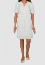  98 Kensie Womens Juniors' White Stripe Detailed Ruffled Blouson Dress Size US 6