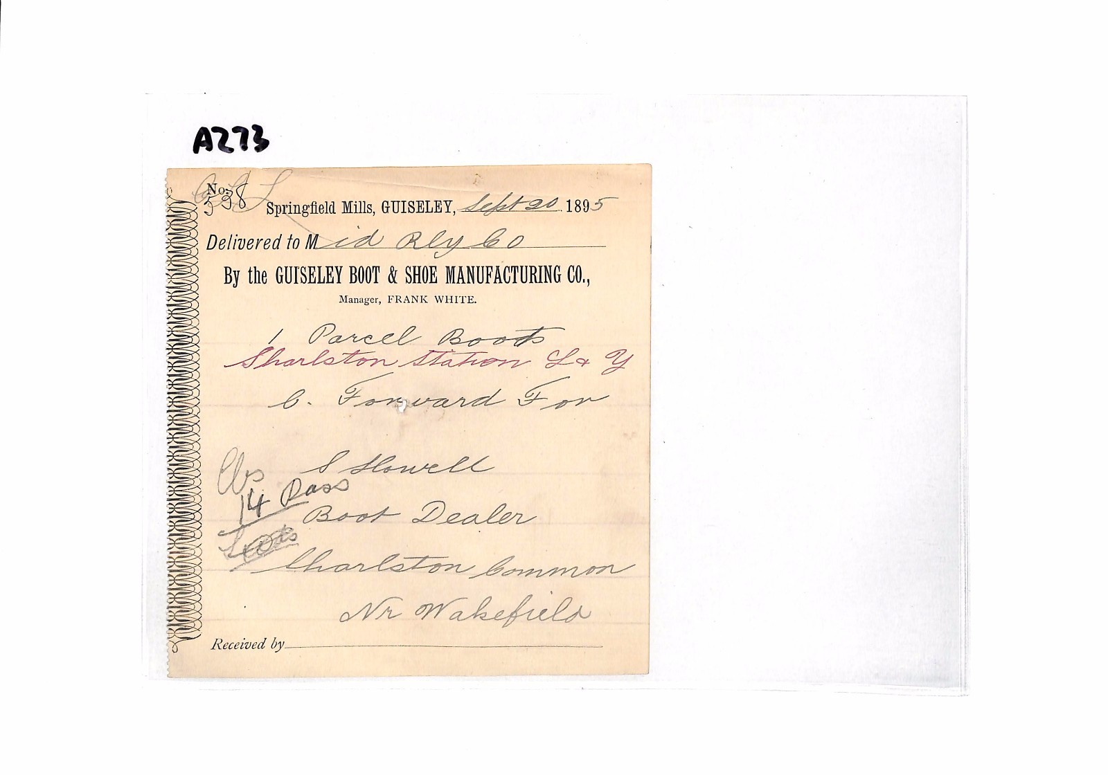 GB RAILWAY Yorks Memo *PARCEL of BOOTS* Guiseley Shoe Co. 1895