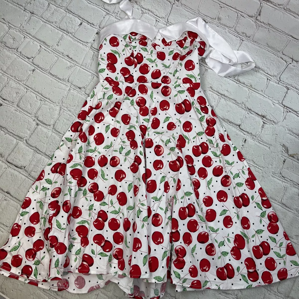 Dressystar White Cherry Floral Print Fit Flare Dress Women s Size Medium