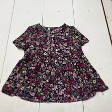 Shein Black Multicolored Floral Flare Short Sleeve T-Shirt Women's Size L NEW