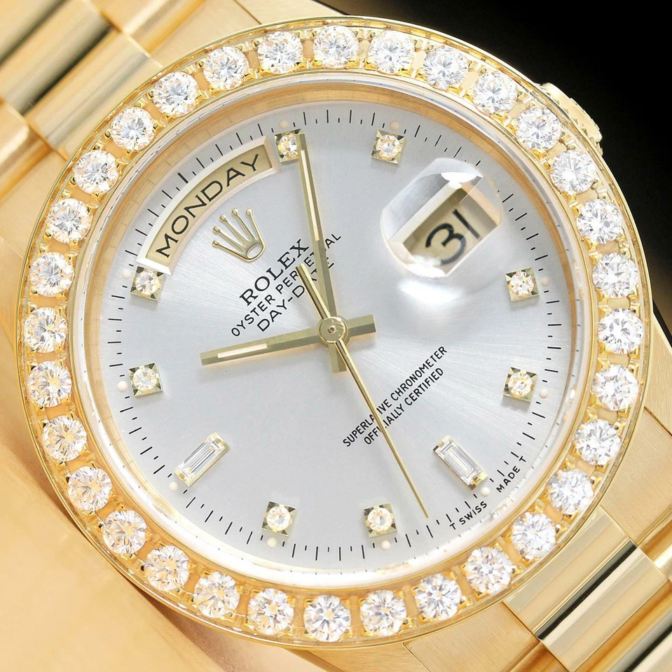 ROLEX MENS DAY-DATE FACTORY DIAL + 2.5 CT DIAMOND BEZEL 18K YELLOW GOLD WATCH