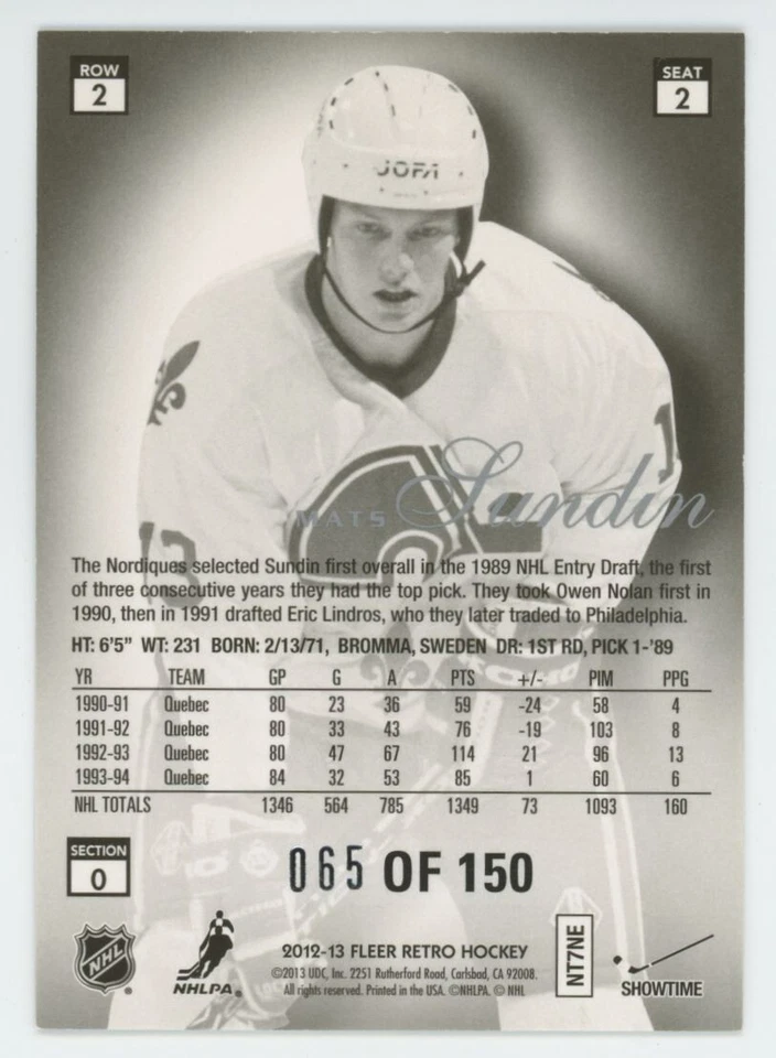 2012-13 FLEER RETRO Mats Sundin #2 LEGACY COLLECTION /150 - Image 2 of 2
