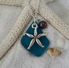 Hawaiian Jewelry Sea Glass Necklace, Teal Handmade Necklace Pearl Starfish