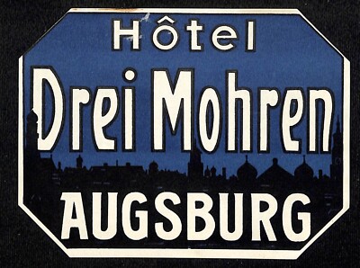 Hotel Drei Mohren Augsburg Night Skyline Original Luggage Label c1930's Scarce