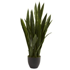 Sansevieria W/Black Planter Lush Green Leaves Silk Plant Nearly Natural Decor