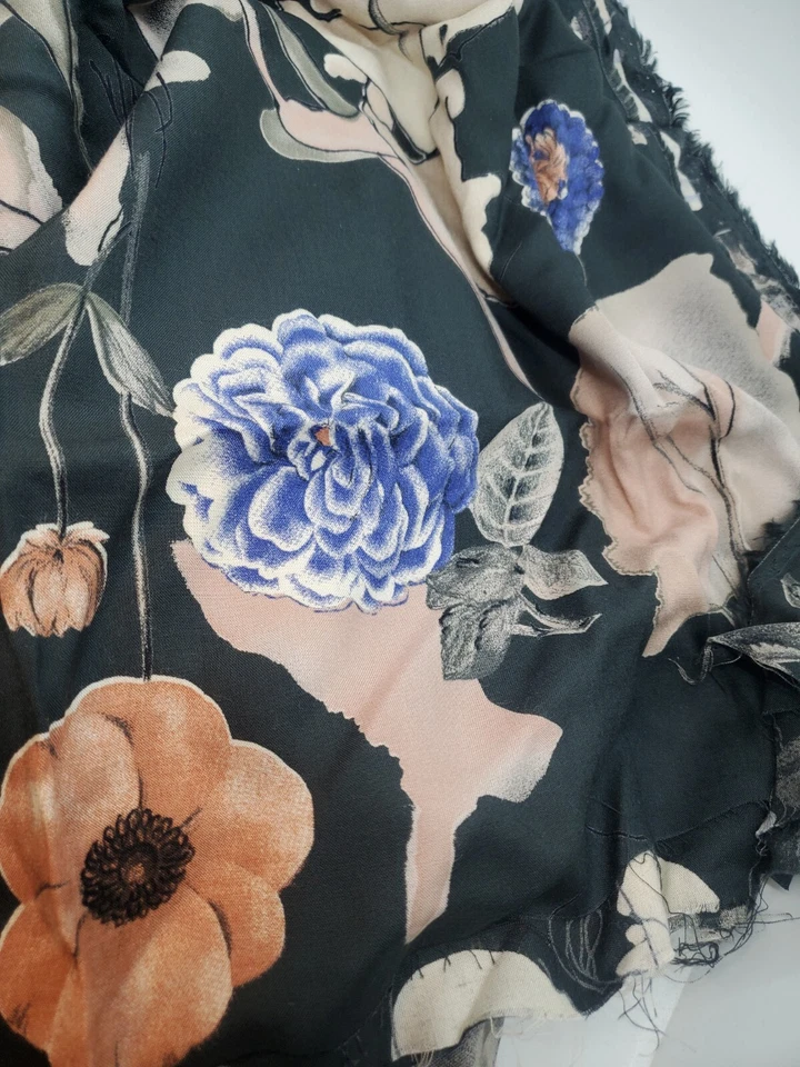 Rayon Floral Dress Fabric 1.5yds x 60" dk green, peach, blue drapes washable - Image 2 of 2